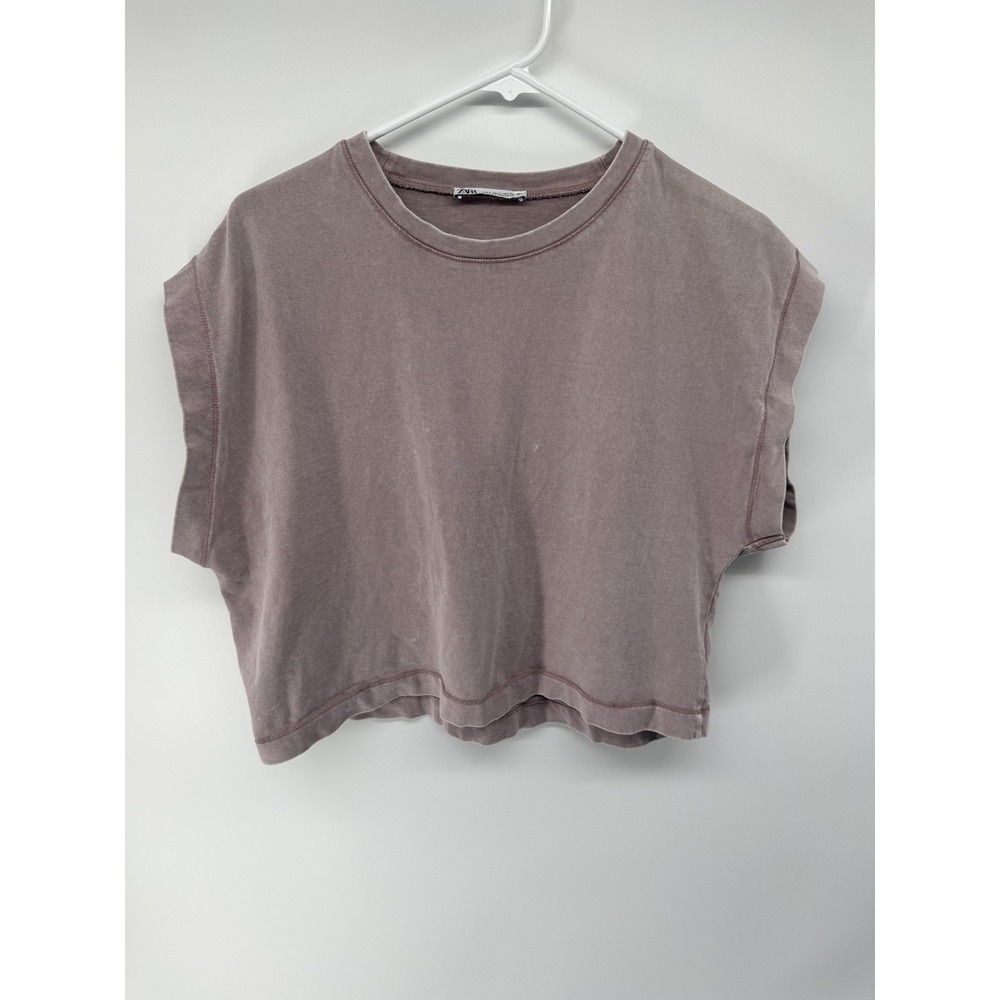 Zara Shirt Womens Large Purple Cropped Sleeveless Crew Neck Jersey Boxy Top